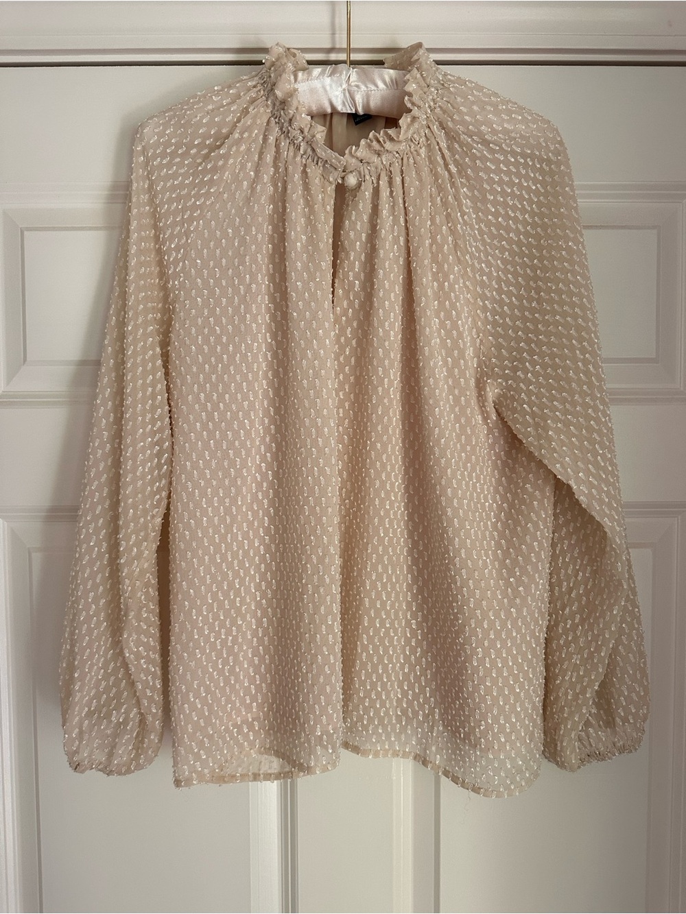 Ann Taylor Sheer Ruffled Neck Blouse - Beige/Cream
